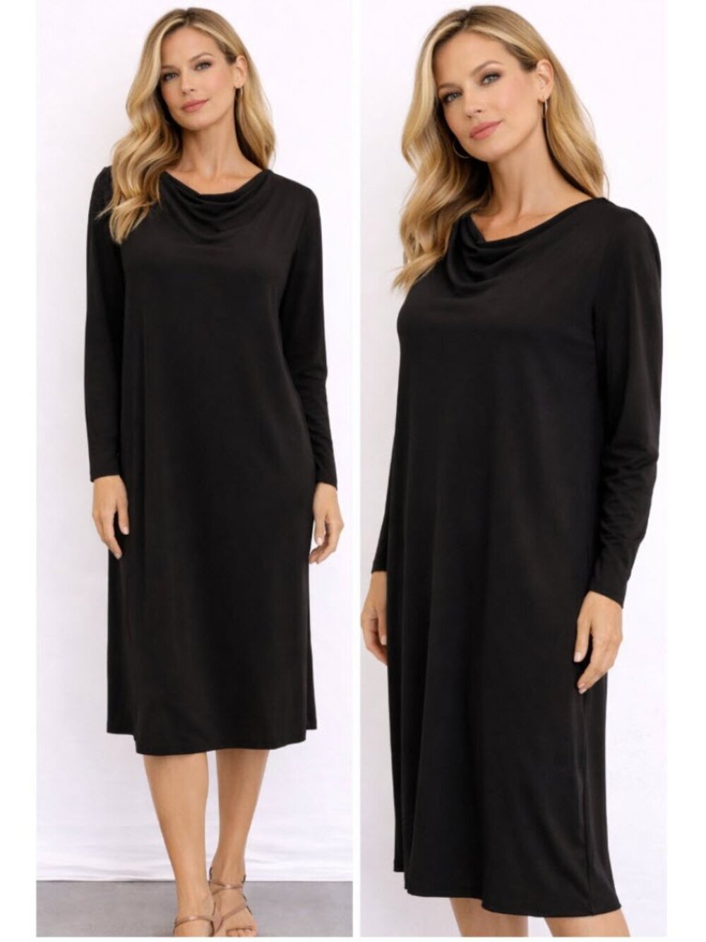 Eileen Fisher Black Shift Dress Long Sleeve Tencel Lyocell Medium Office Chic